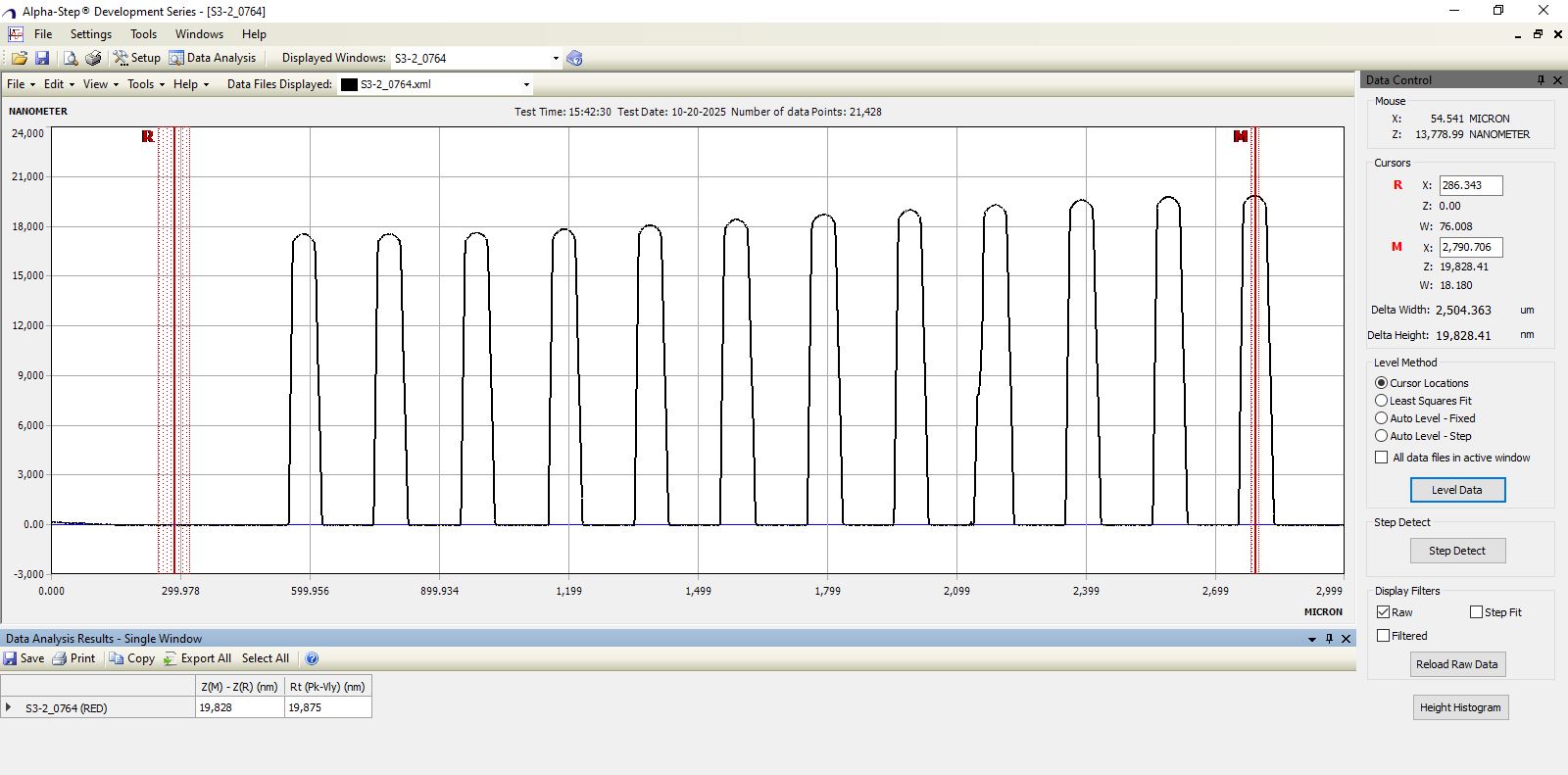 Alpha-Step profilometry trace showing a ~19.8 micron SU-8 step height